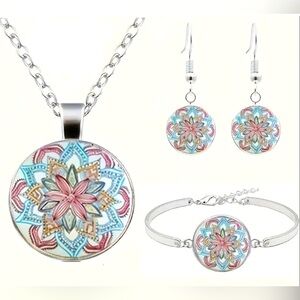NEW Pink/Blue/Ivory Mandala Floral Cabochon Jewelry Set